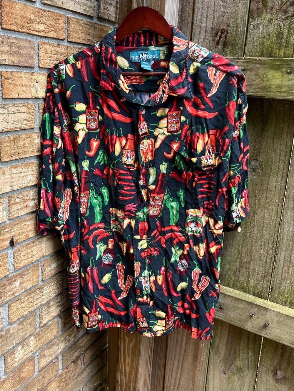 Vtg Big Dogs Black Short-Sleeve Button-Down with Red and Green Hot Sauce Print